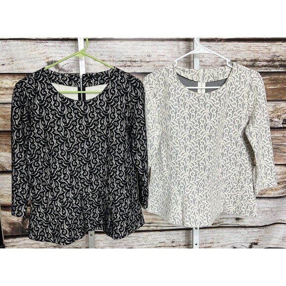 J. Crew Ivory And Black Lace Overlay 3/4 Sleeve Tops Peplum Back Size Small - Picture 1 of 12